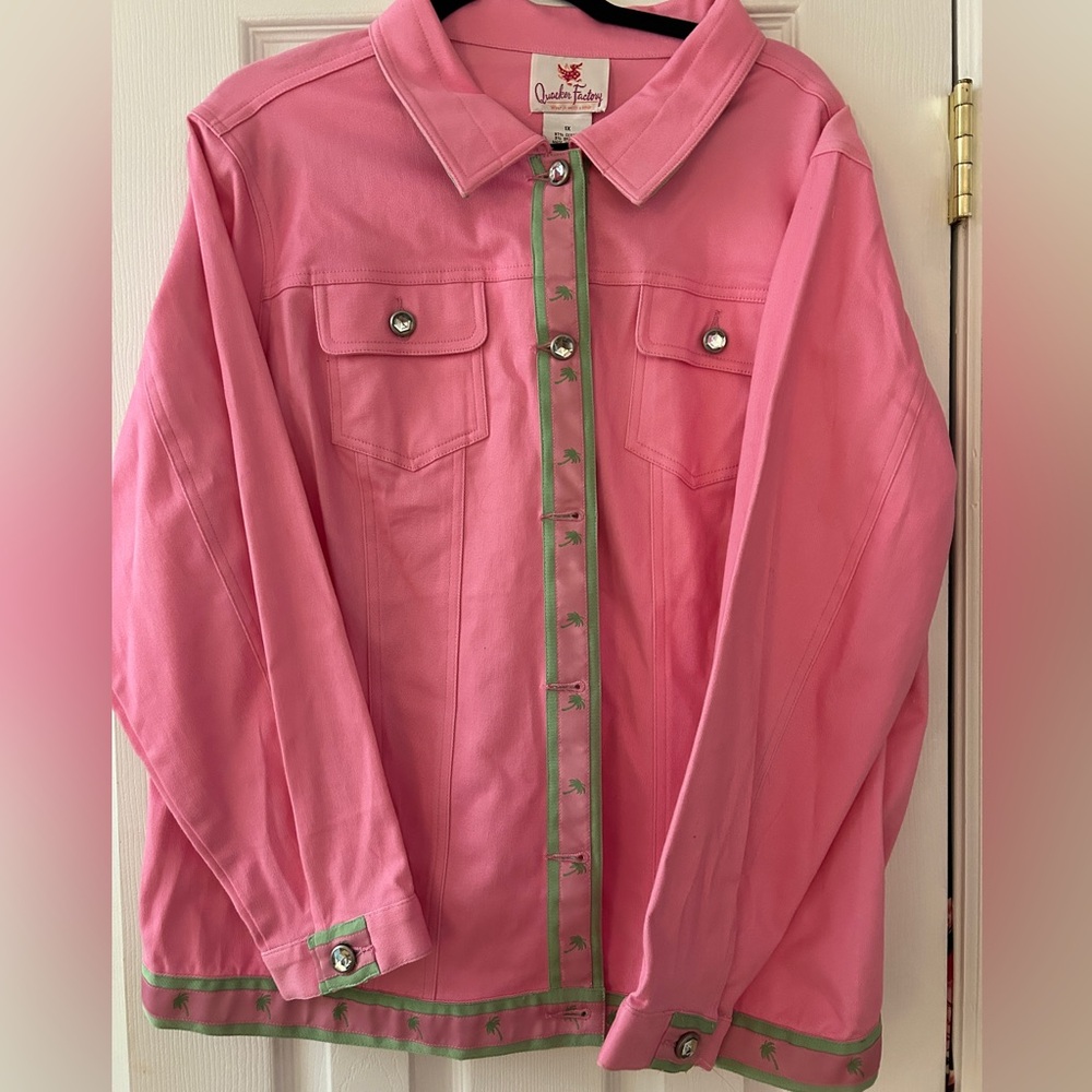 Quaker Factory women’s xl palm tree rhinestone button pink shackett jacket